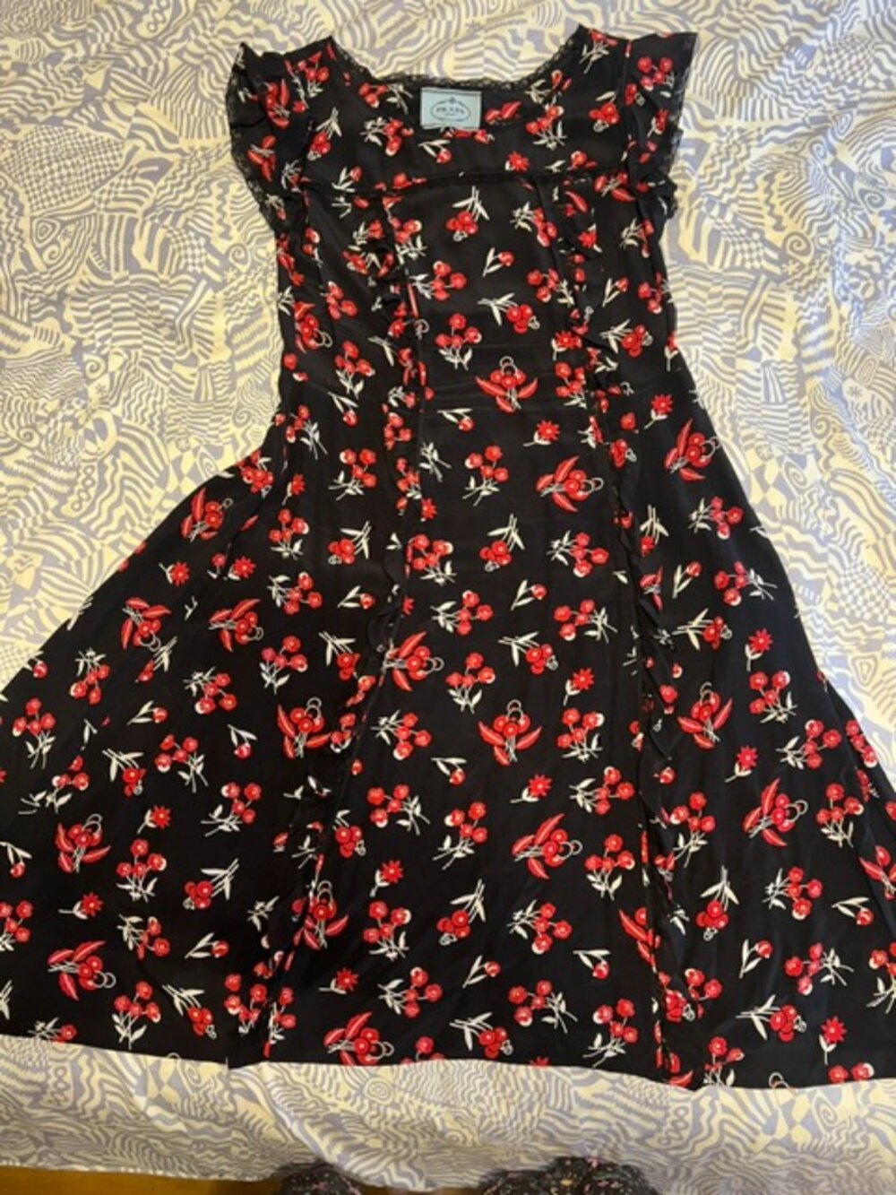 Prada 2016 Black Print Ruffled Midi Dress M-L - Picture 6 of 6